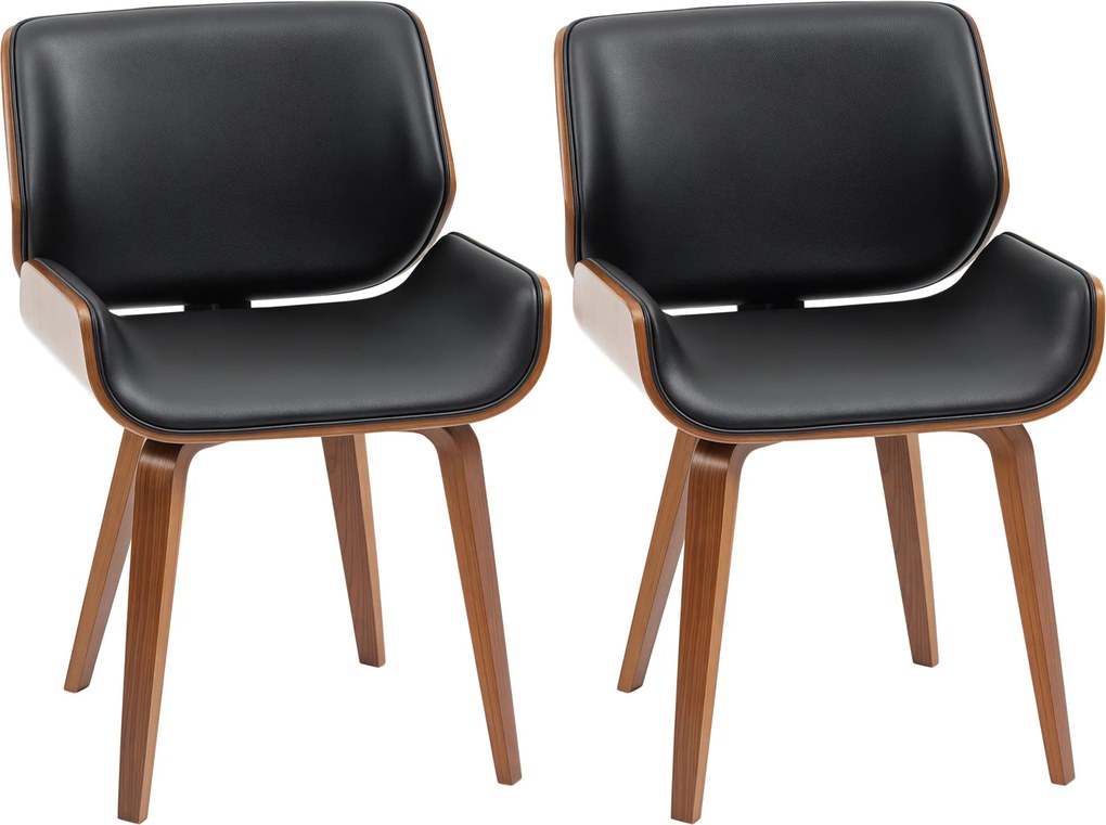 Conjunto de 2 Cadeiras de Jantar com Pés de Madeira Estofadas em Couro Sintético Encosto Curvado 53x54x81 cm Preto