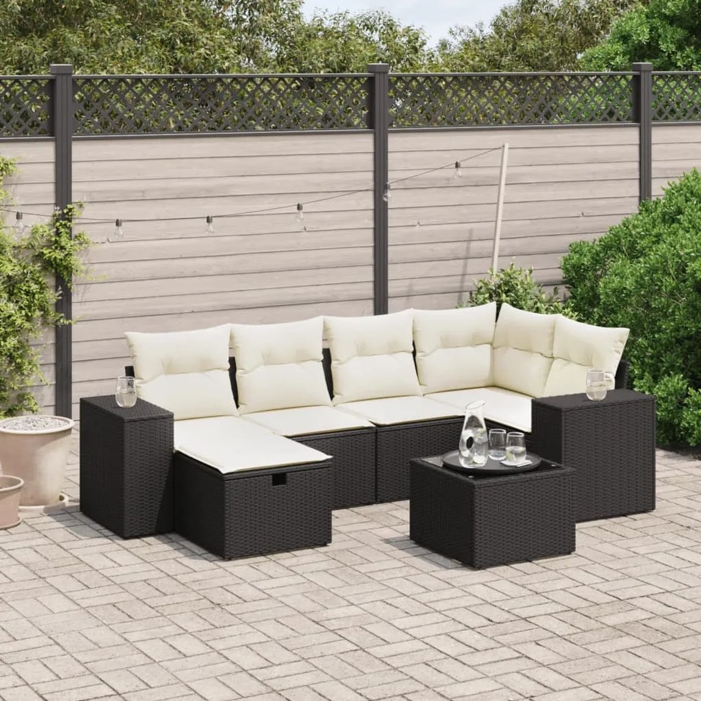 7 pcs conjunto de sofás p/ jardim c/ almofadões vime PE preto