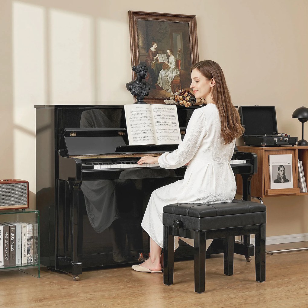Banco com assento para piano, com baú integrado, altura ajustável, em madeira de seringueira, com assento revestido a material sintético preto