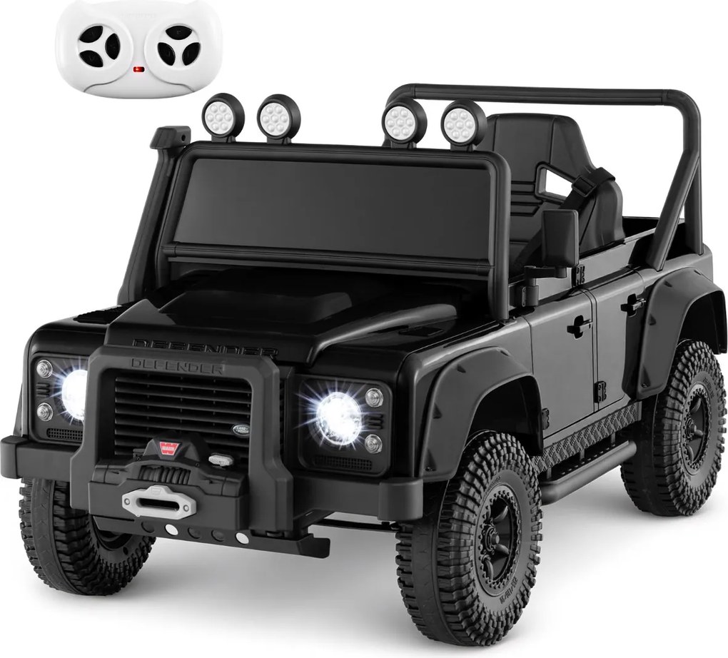 Jipe Land Rover Defender elétrico infantil 12V com comando à distância, suspensão completa, faróis e música para idades entre 3 e 8 anos, Preto