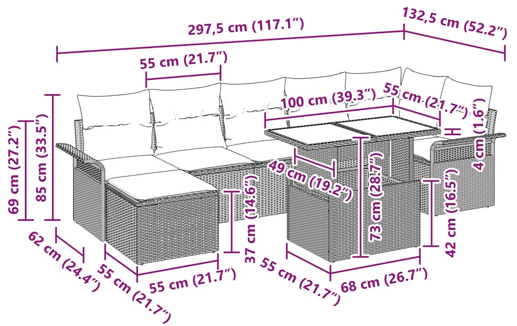 Conjunto de Sofá de Jardim vidaXL com Almofadas Cinza Claro Rattan Pol