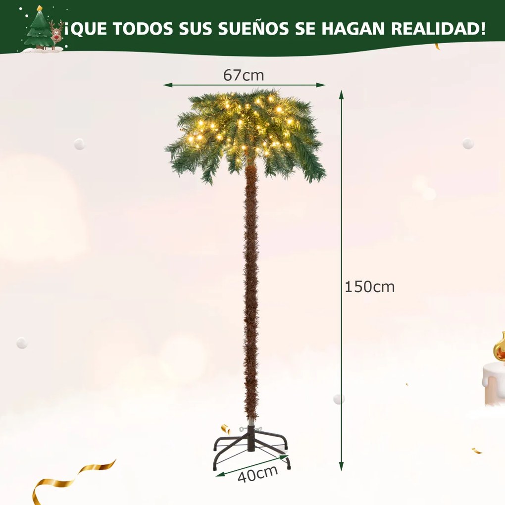 Árvore de Natal artificial de 150 cm Palmeira tropical iluminada com 150 luzes Decoração de suporte de metal para escritório em casa verde