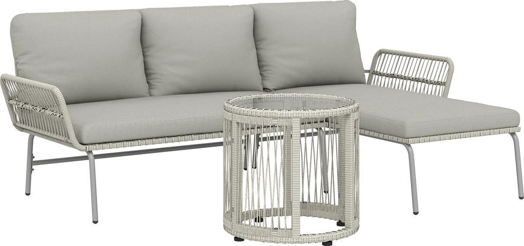 Outsunny Conjunto de Móveis de Jardim em Polirratã 3 peças Conjunto Ociosidade com Espreguiçadeira Sofá 2 Lugares Mesa de Vidro Almofadas Removíveis | Aosom Portugal