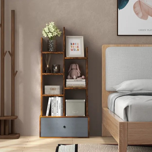 Estante de 7 níveis com gaveta e 7 compartimentos Estante de madeira para sala de estar Quarto 53 x 24 x 118 cm Castanho