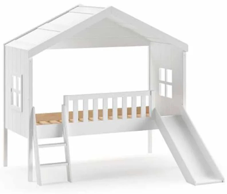 Cama para Crianças Casa HOUSEBED ESCADA + ESCORREGA BRANCA