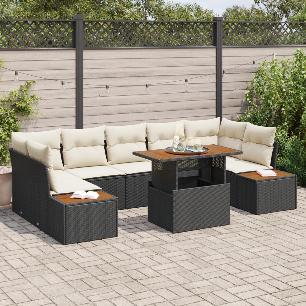 Conjunto de Sofá de Jardim vidaXL 8 Peças com Almofadas Preto Vime Poliéster