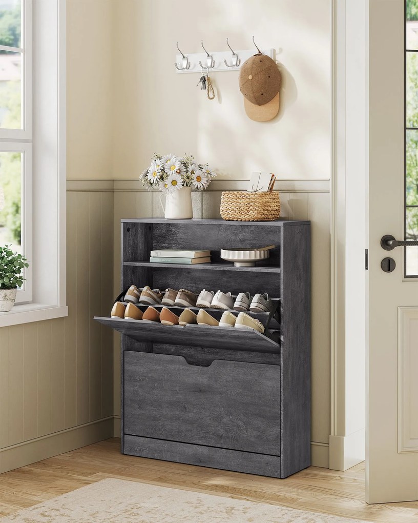 Sapateira com 2 portas e compartimento aberto 24 x 80 x 102 cm, cinzenta
