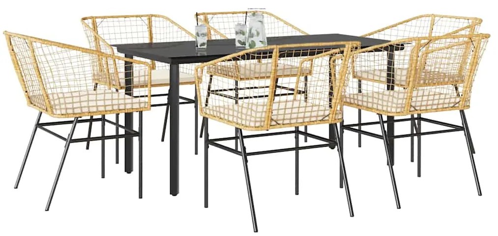vidaXL Conjunto jantar jardim 7 peças almofadas vidro vime PE castanho
