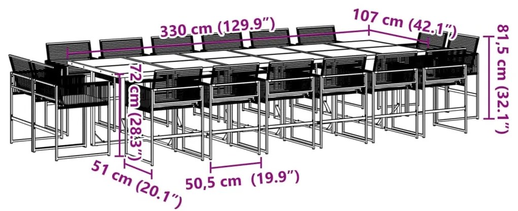 17 pcs conjunto de jantar p/ jardim c/ almofadões vime PE preto