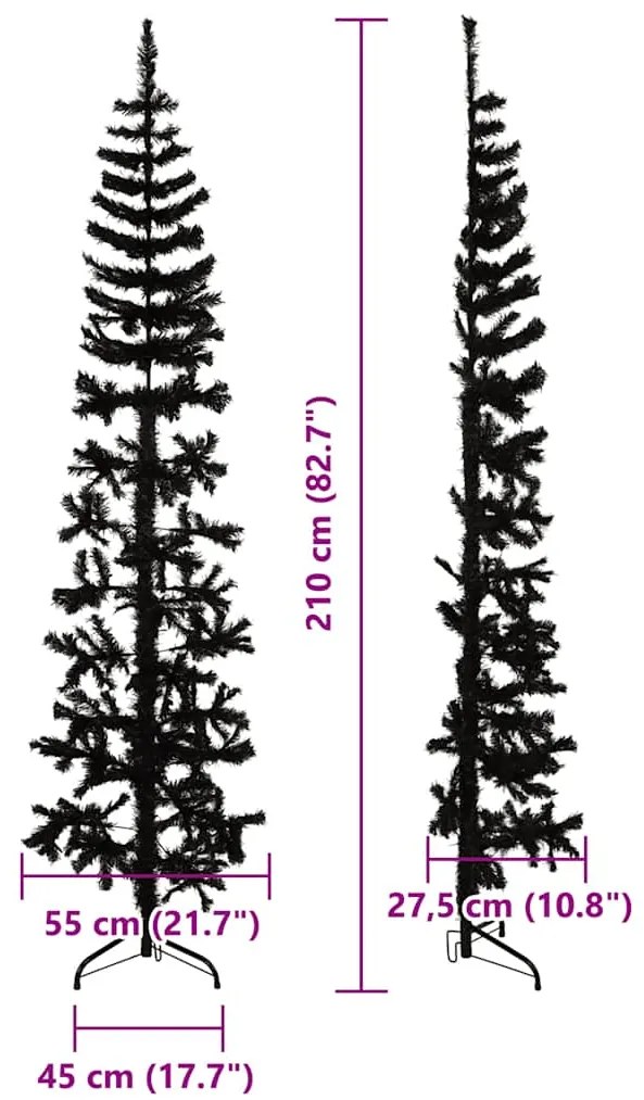 Meia árvore de Natal fina com suporte 210 cm preto