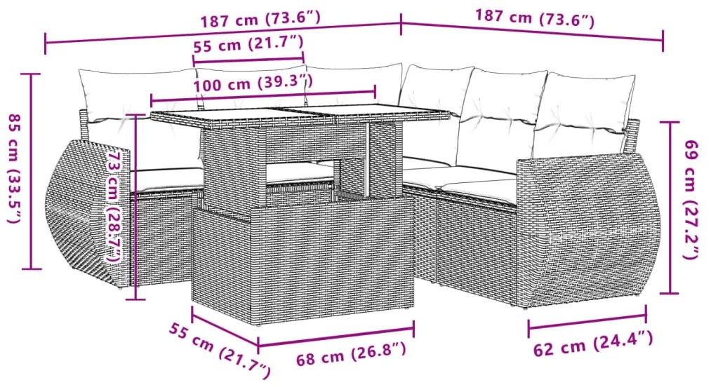 6 pcs conjunto de sofás p/ jardim com almofadões vime PE bege