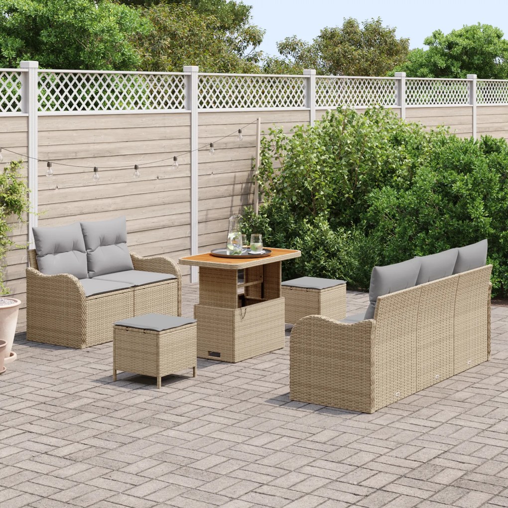 Conjunto de Sofá de Jardim 8 Peças com Almofadas Bege Vime Polipropile