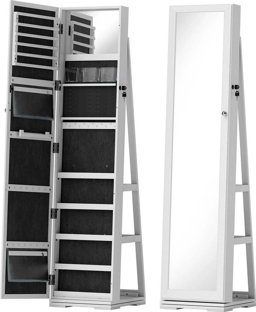 HOMCOM Armário para Jóias 360° com Fechadura e Espelho Incorporado Joalheiro de Pé Carga Máxima 20 kg 38x38x160 cm Branco | Aosom Portugal