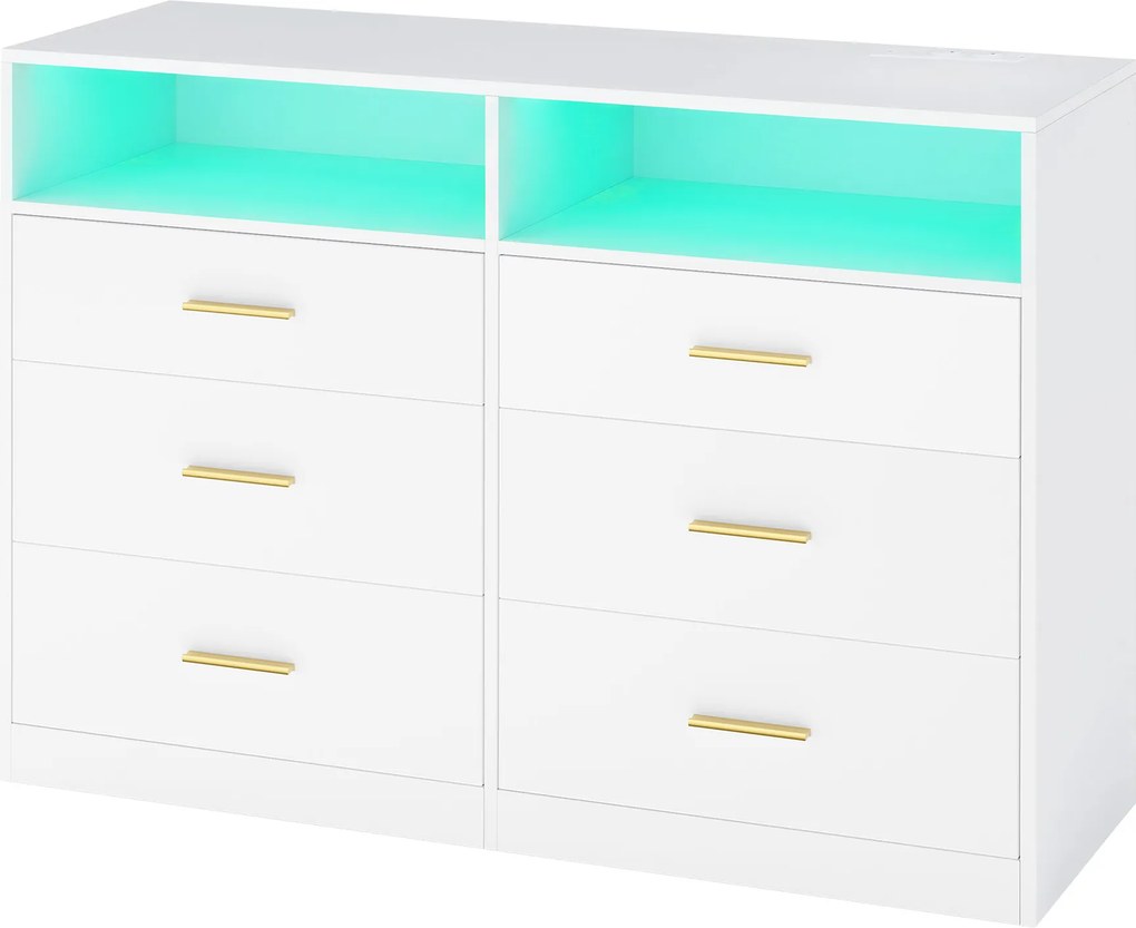 Cómoda com iluminação LED e base de carregamento, 6 gavetas 40 x 119 x 81,2 cm, moderna branca