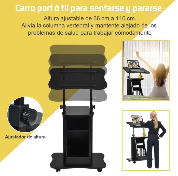 Mesa para computador ajustável em altura com carrinho de computador redondo e prateleira para mesa de casa 55 x 40 x 66-110 cm preto