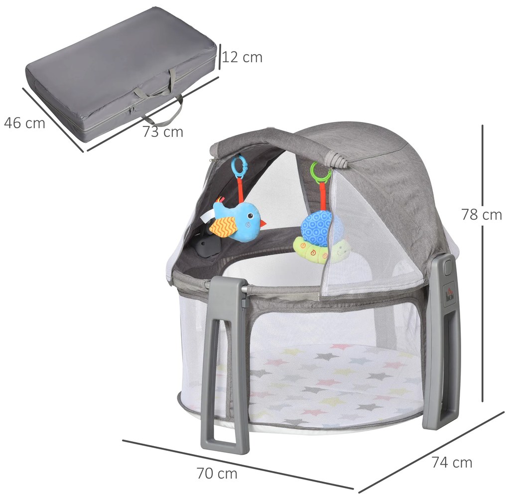 HOMCOM Berço dobrável e portátil para viagem Berço infantil com bolsa de transporte coberta removivel carga 15 kg 70x74x78 cm cinza