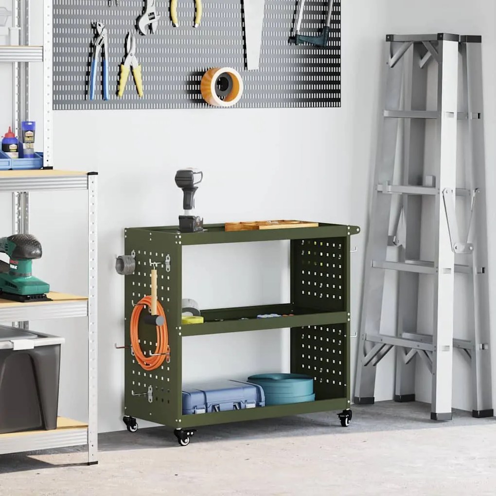 vidaXL Carro de Ferramentas com prateleira com roda Verde-oliva 75 x 35 x 73 cm