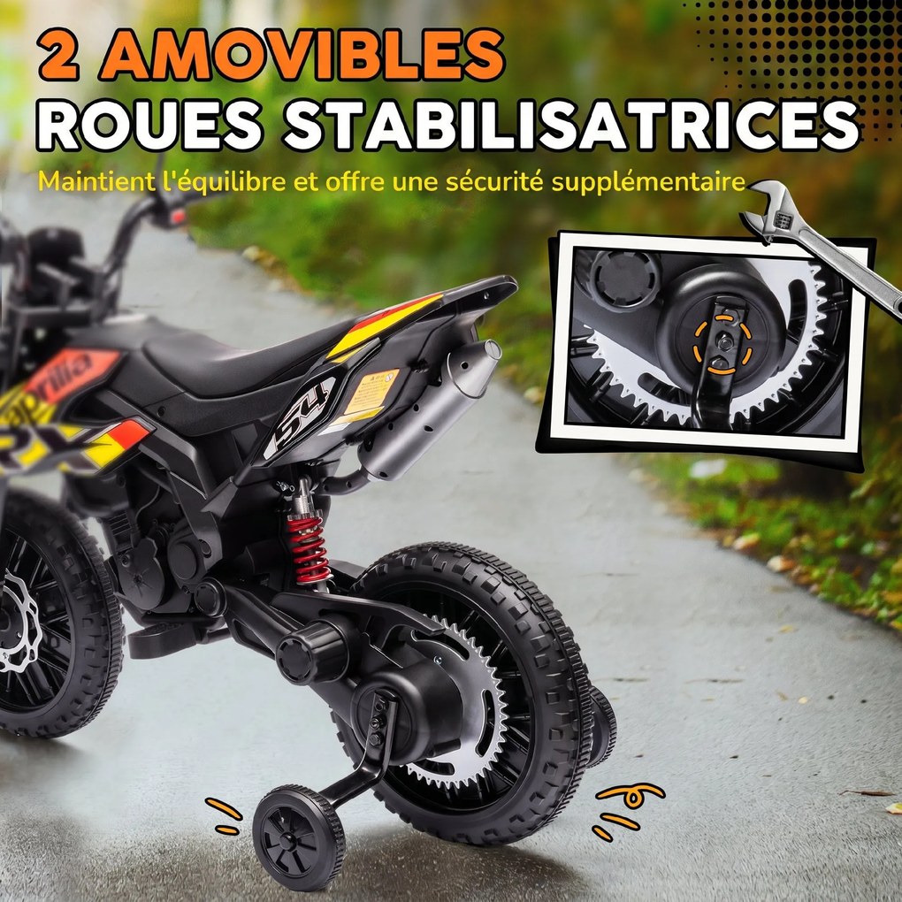 Moto Elétrica 12V para Crianças 3 aos 6 anos, 106,5 x 56 x 80 cm, Rodas de Treino Amovíveis, Amarela