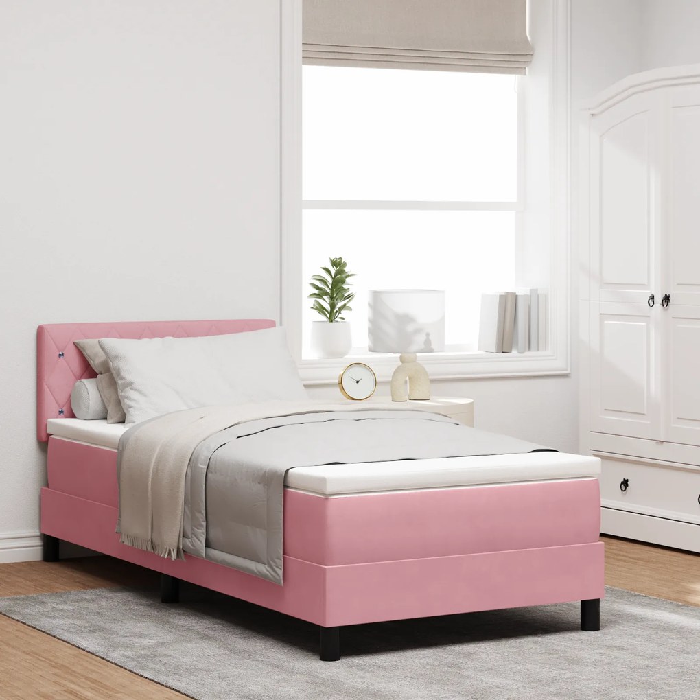 Cama Box vidaXL com Colchão &amp; LED Rosa 100x200 cm Veludo