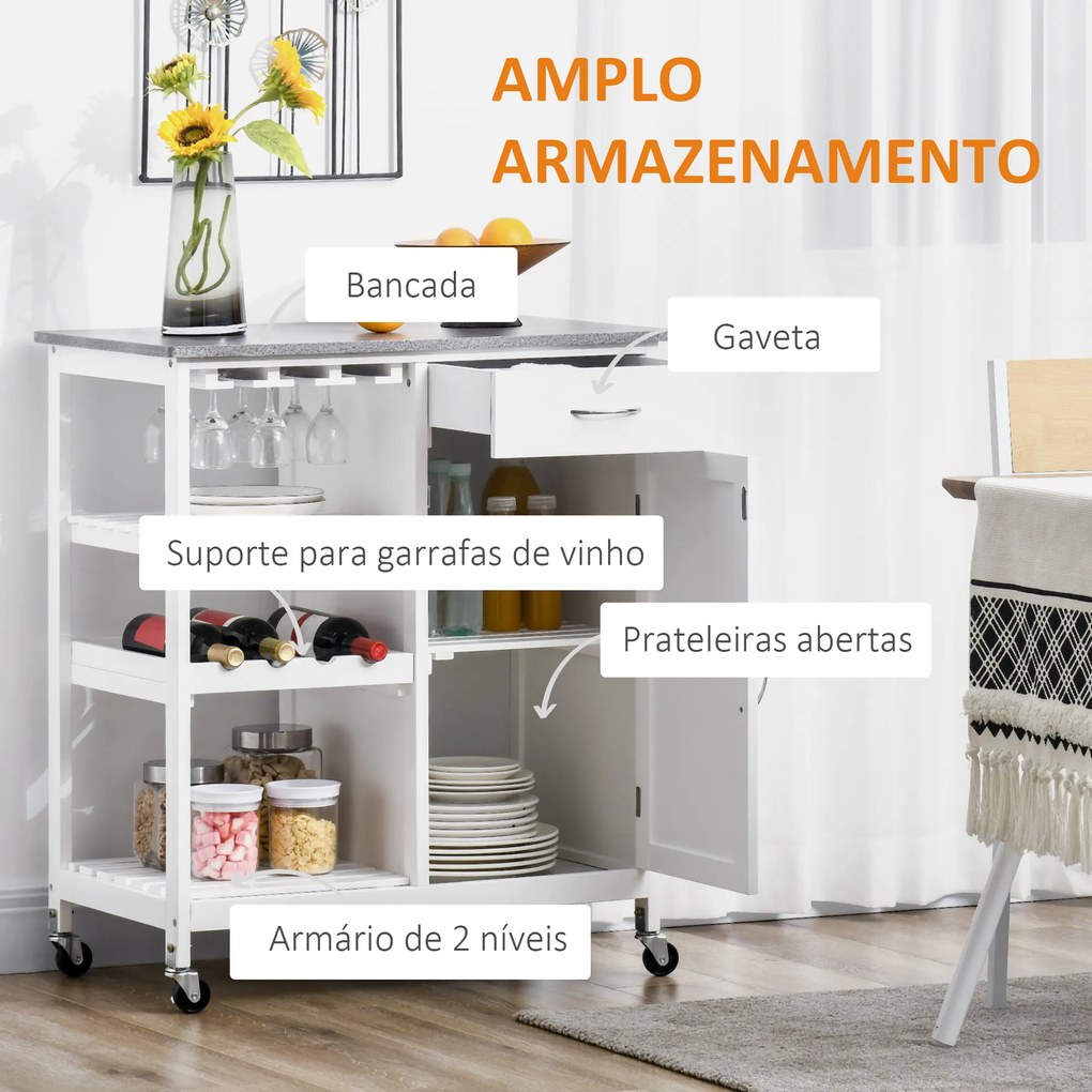 HOMCOM Carrinho de Cozinha com Rodas Carrinho de Cozinha com 1 Gaveta Prateleiras Removíveis Suporte para 4 Garrafas e Armário para Sala de Jantar Sala de Estar Carga 40kg 76x48x88cm Branco e Cinza