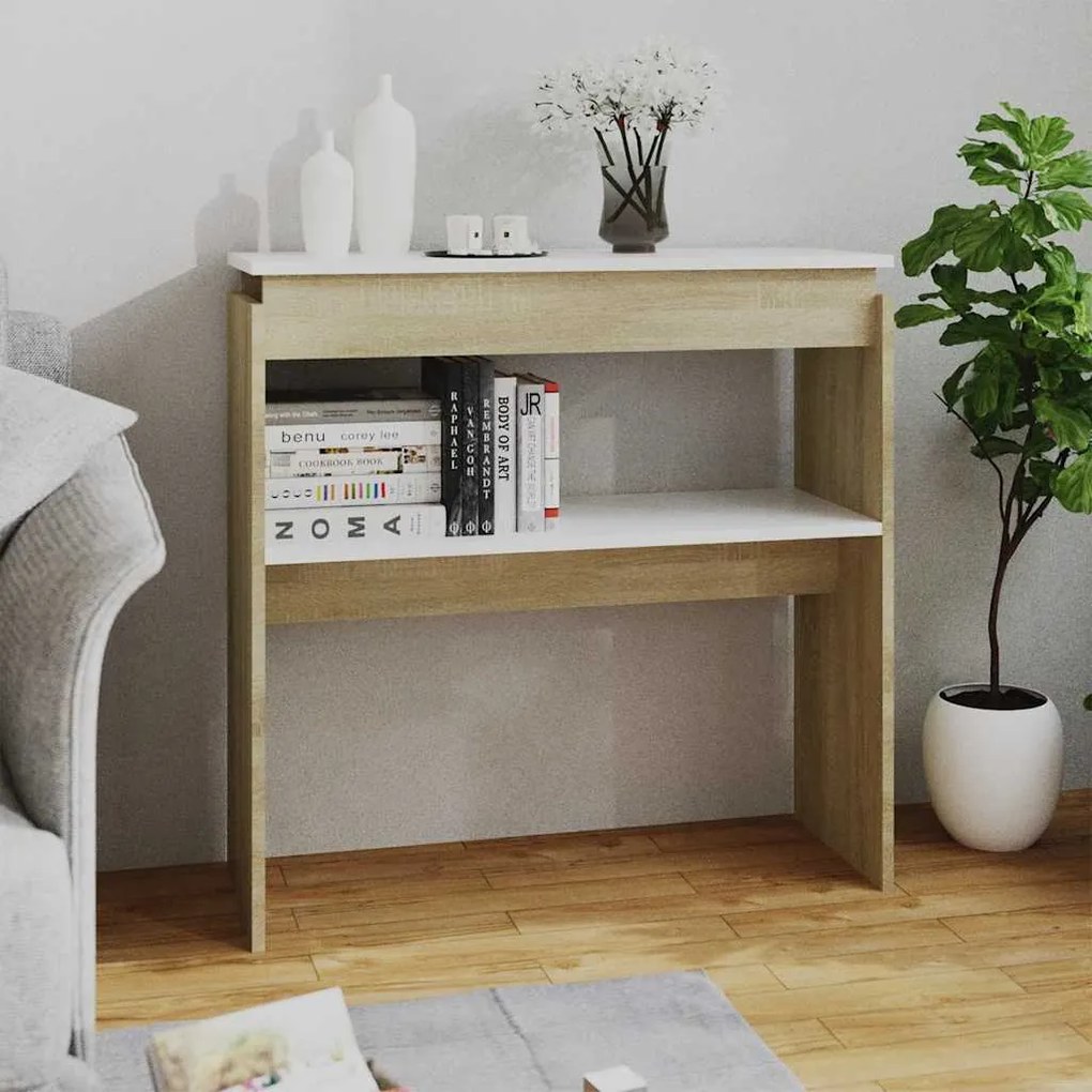 vidaXL Mesa consola 80x30x80 cm contraplacado branco/carvalho sonoma