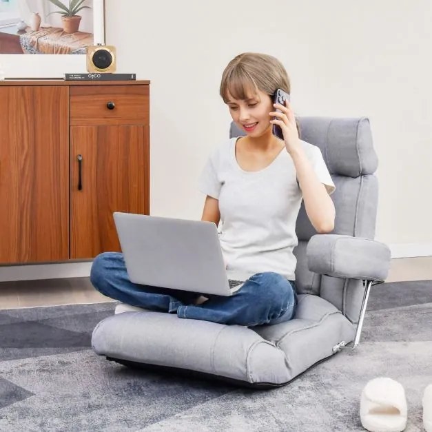 Sofá chão dobrável com encosto ajustável em 6 posições Encosto de cabeça/descanso lombar Cinzento