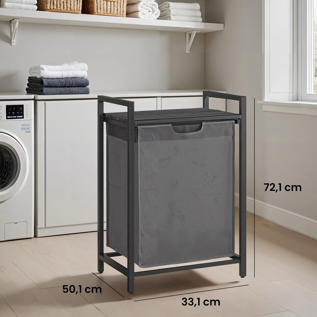 Cesto para roupa com prateleira, saco para roupa suja 65 L (50 x 33 x 72 cm) Preto + Cinza
