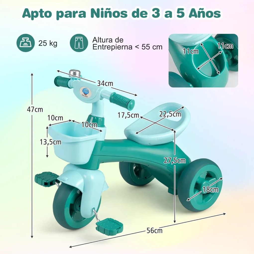 Triciclo para crianças com direção limitada, assento ergonómico, cestos dianteiro e traseiro e campainha para 3-5 anos, verde