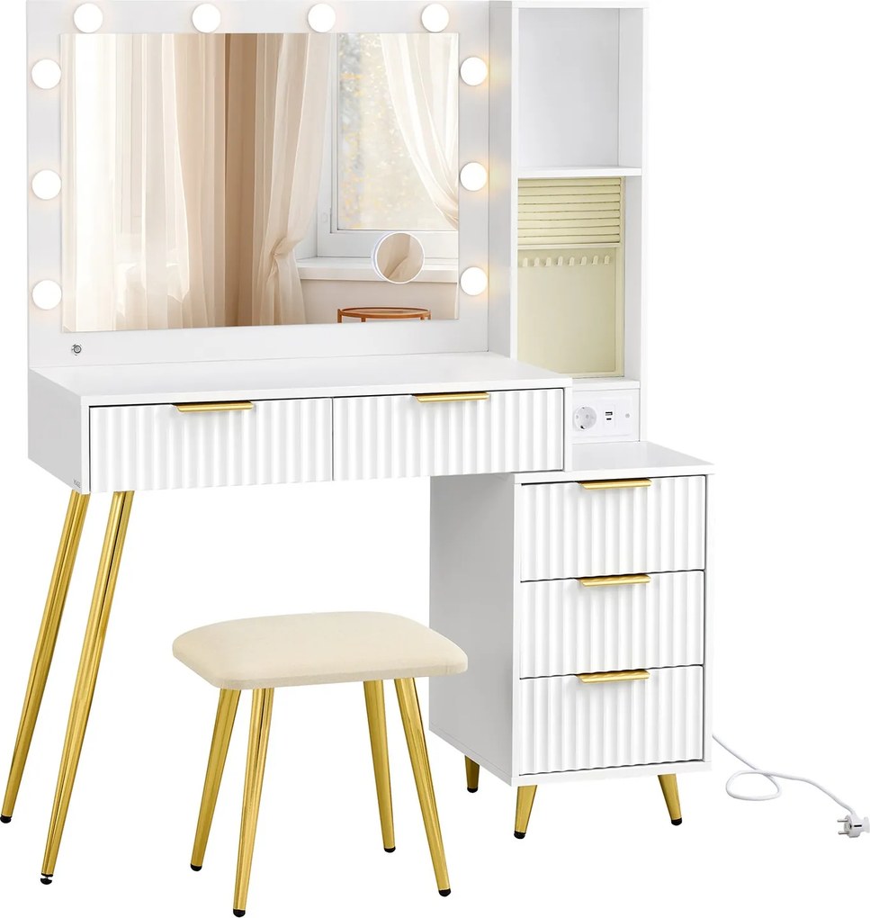 Toucador com banco 40 x 110 x 135 cm, e com espelho com luzes Led, gavetas Branco