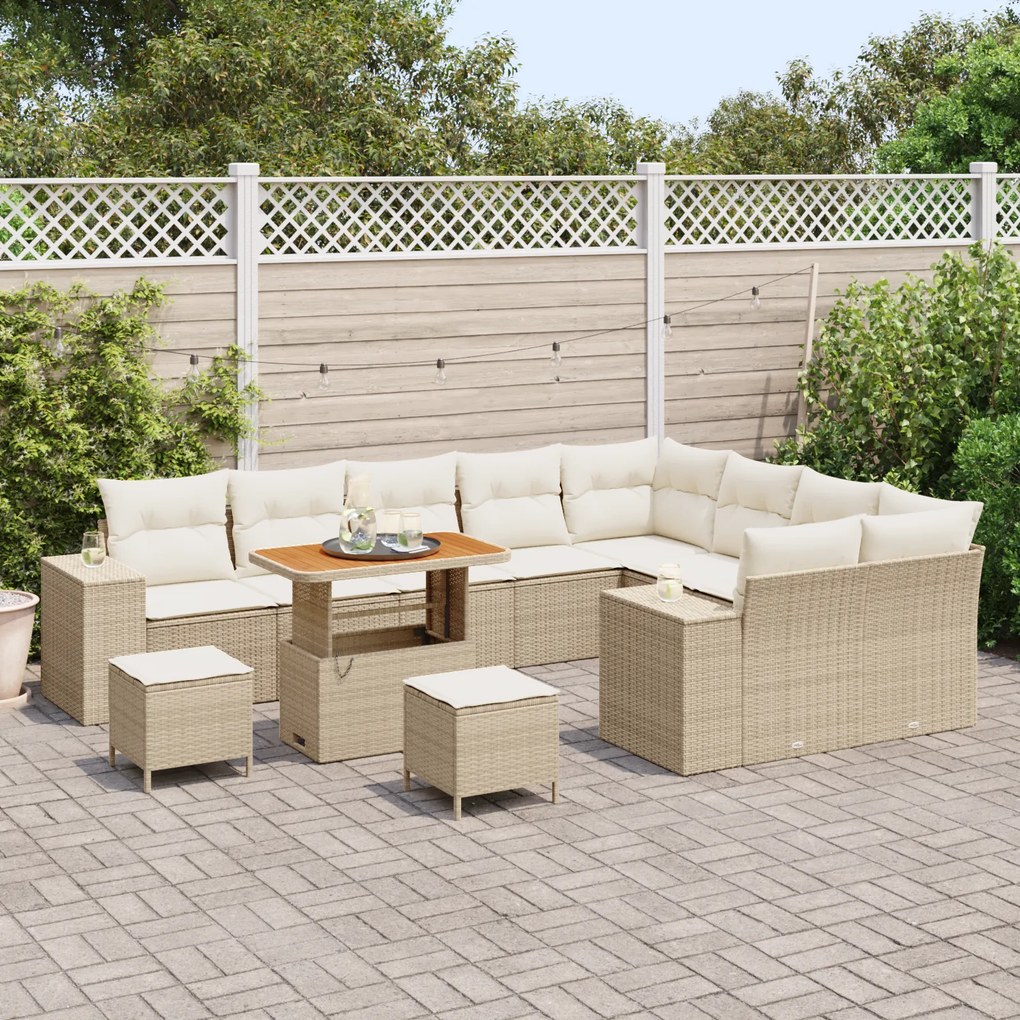 Conjunto de Sofás de Jardim de 12 Peças com Almofadas Bege Rattan Poli