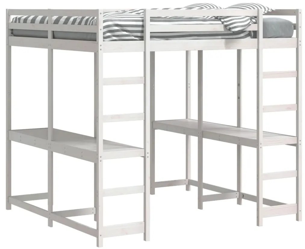 Cama alta c/ secretária e escada 180x200 cm pinho maciço branco