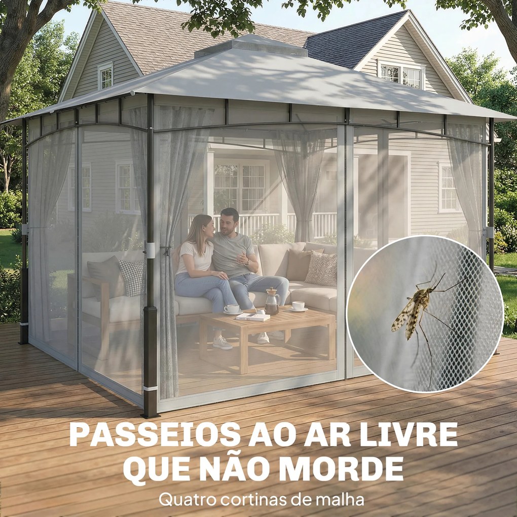 Carpa para Jardim com Telhado Duplo Gazebo com Paredes de Rede UPF50+ para Exterior Terraço 360x300x275 cm Cinzento