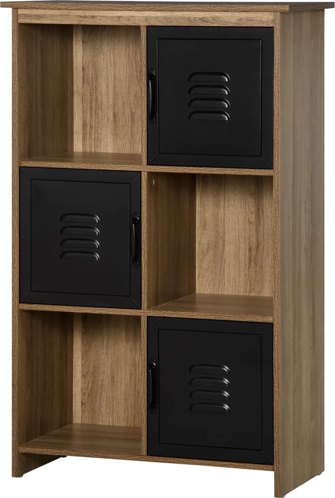 Estante de arrumação 75 x 35 x 116,5 cm com 3 compartimentos abertos e 3 compartimentos - Aspecto de madeira com portas de metal pretas