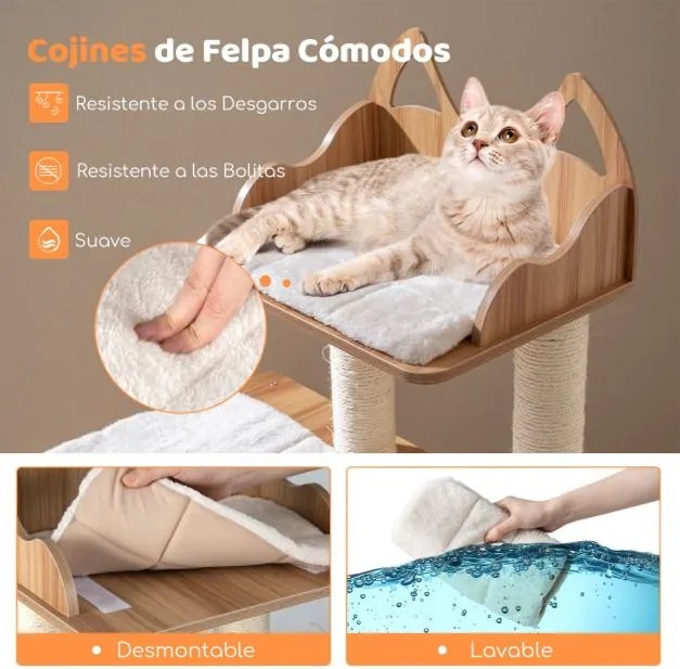 Arranhador para gatos em madeira 81 x 57 x 122 cm com vários níveis, caverna de 2 andares, postes de sisal, 3 plataformas e almofadas laváveis, natura