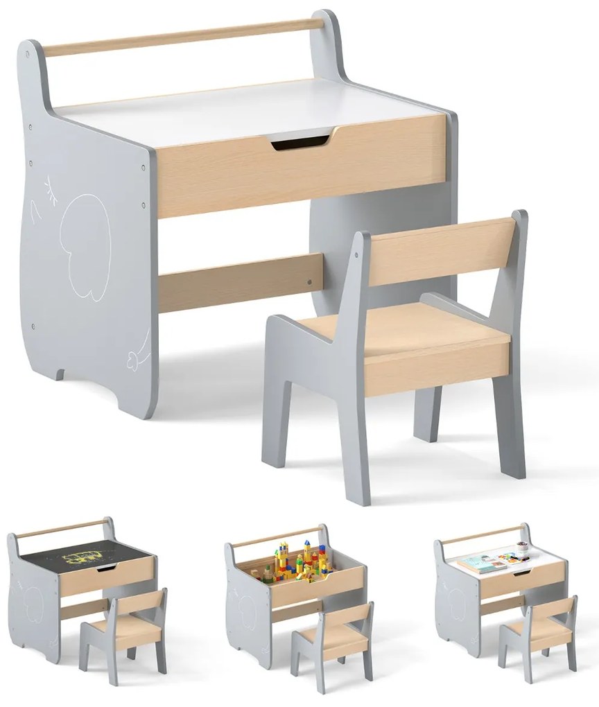 Conjunto de mesa e cadeira infantil de madeira 2 em 1 para crianças com tabuleiro removível, cinzento
