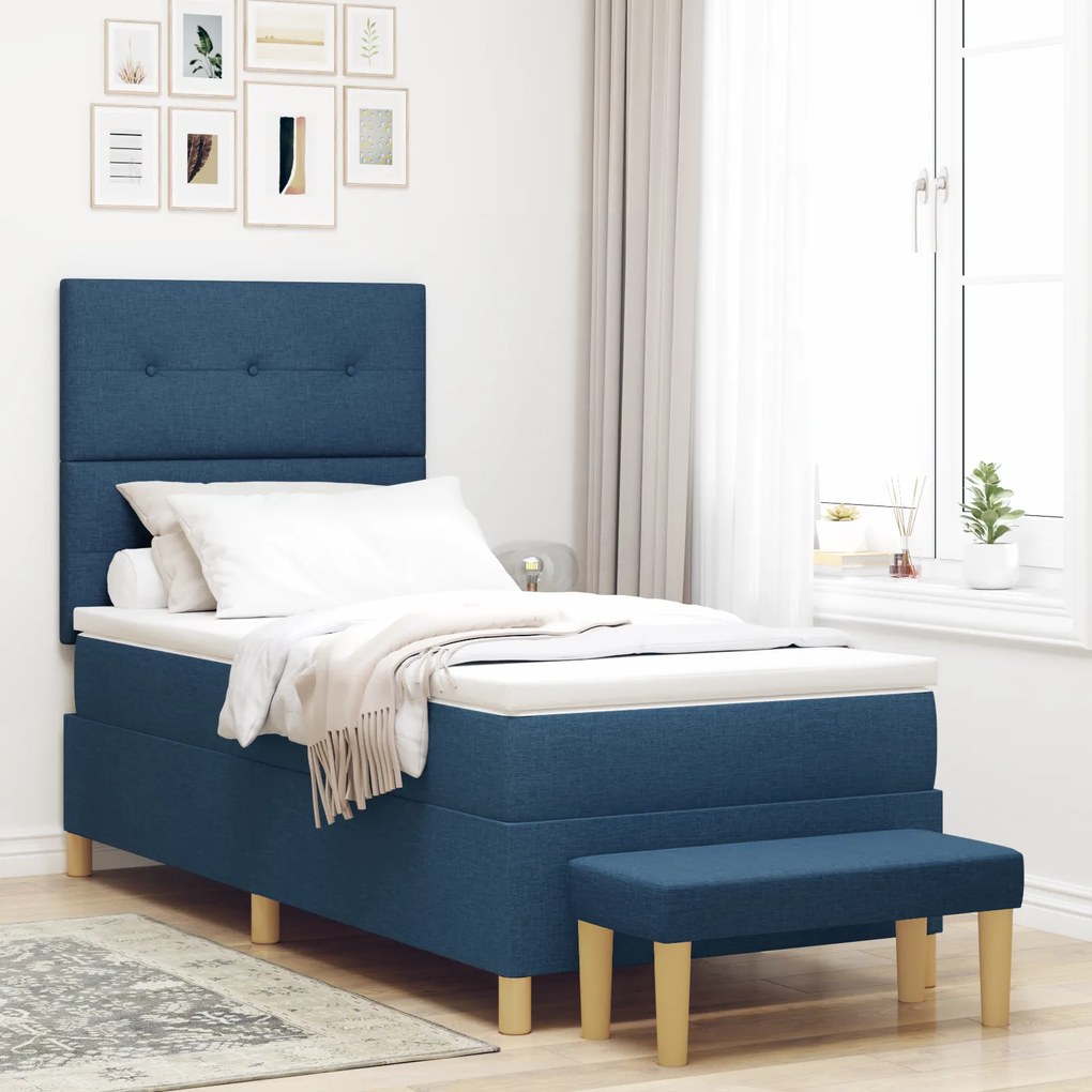 Cama Box com Colchão e Banco vidaXL Azul 90x190 cm Tecido