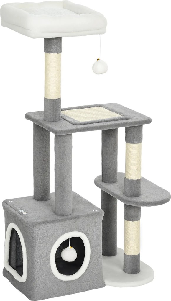 PawHut Arranhador 107 cm Torre para gatos com toca, 2 bolas de pelúcia, postes de sisal, plataforma grande, 55x40x107 cm, Cinza | Aosom Portugal