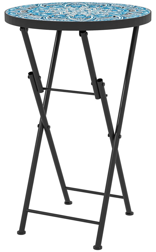 Outsunny Mesa Auxiliar Redonda Mesa de Jardim Dobrável com Bancada em Mosaico e Pés com Almofadas Antiderrapantes Ø35,5x55 cm Azul