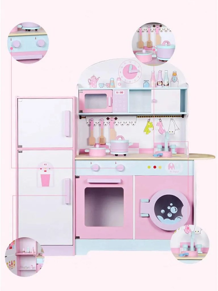Cozinha de brincar de madeira rosa com frigorifico