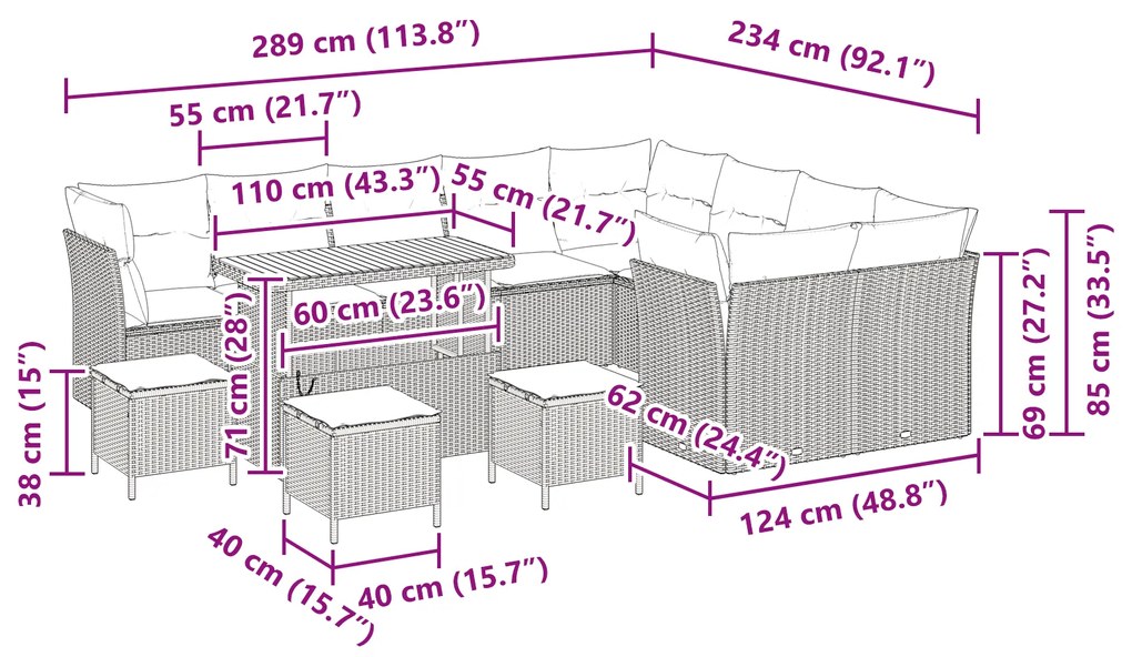 Conjunto de Sofá de Jardim vidaXL de 13 Peças com Almofadas Bege Vime