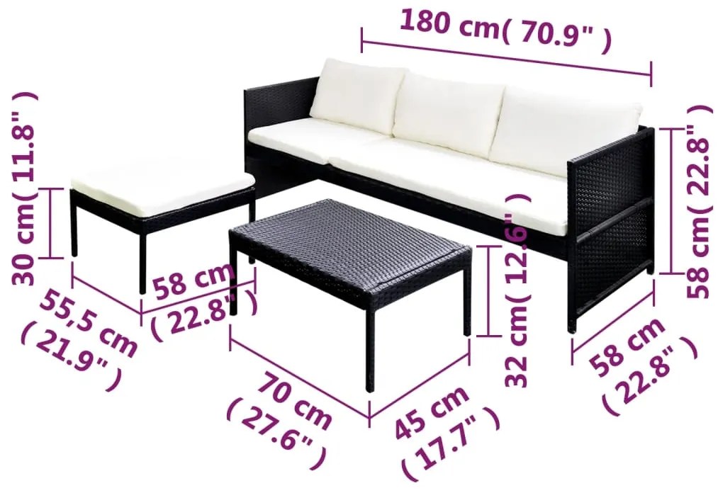 3 pcs conjunto lounge para jardim c/ almofadões vime PE preto