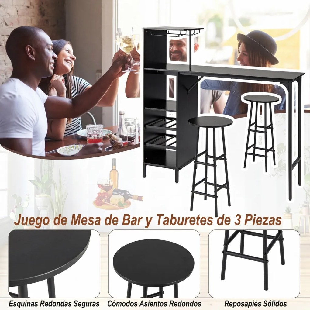 Conjunto mesa 120 x 40 x 120 cm e 2 cadeiras de bar, mesa e bancos industriais com suportes para copos, estantes para sala de jantar e cozinha, preto