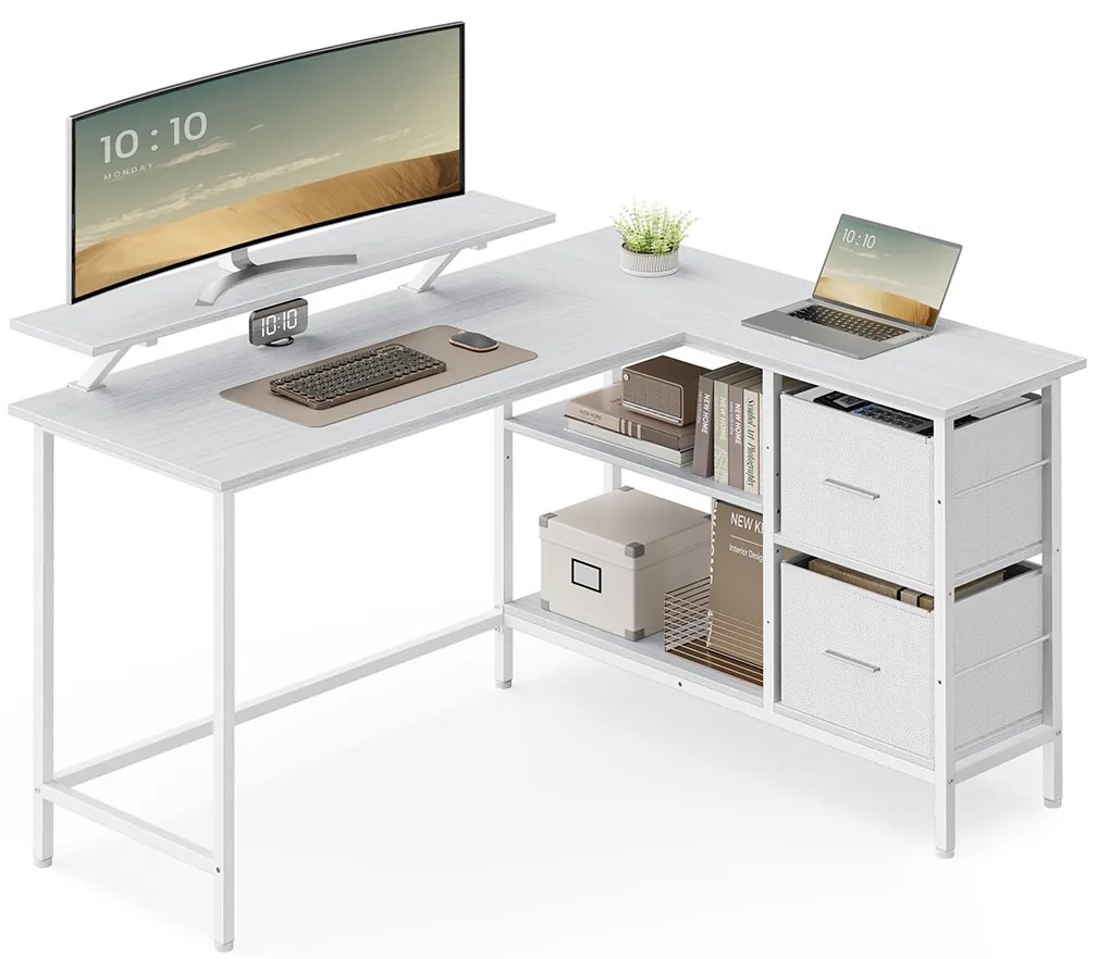 Secretária em forma de L 105 x 135 x 89,5 cm com 2 gavetas e suporte para monitor branco