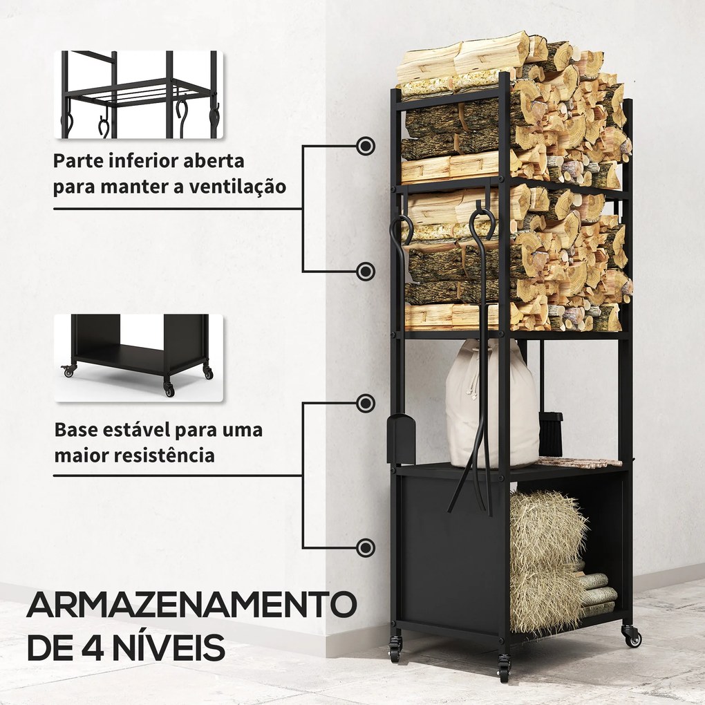 Suporte para Lenha com Rodas de 4 Níveis com Pá Escova Atiçador e Tenaz para Interior e Exterior 45x30x118 cm Preto