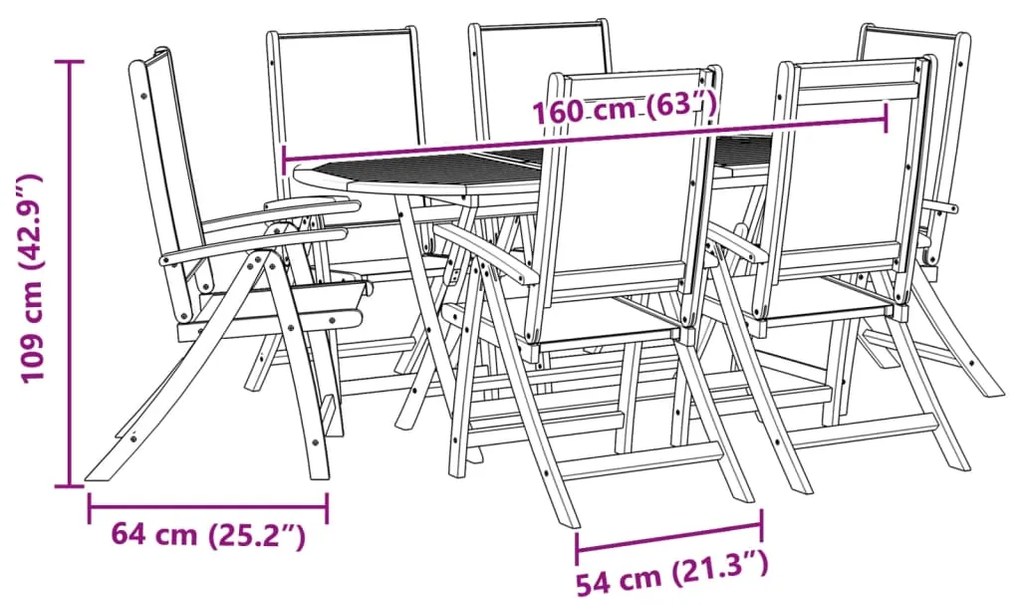 7 pcs conjunto de jantar para jardim acácia maciça e textilene