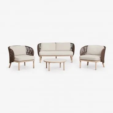 Conjunto De Sala Com Sofá De 2 Lugares, 2 Poltronas Em Corda Trançada Capri E Mesa De Centro Em Madeira De Acácia Olivia Castanho Chocolate - Sklum