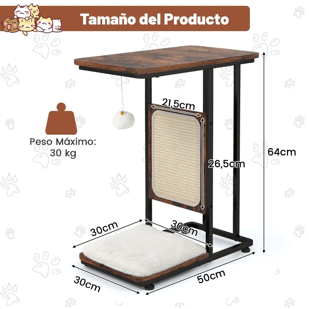 Arranhador para gatos com mesa de apoio em forma de C com tábua de arranhar Almofada amovível lavável Brinquedo pendurado 50 x 30 x 64 cm Castanho