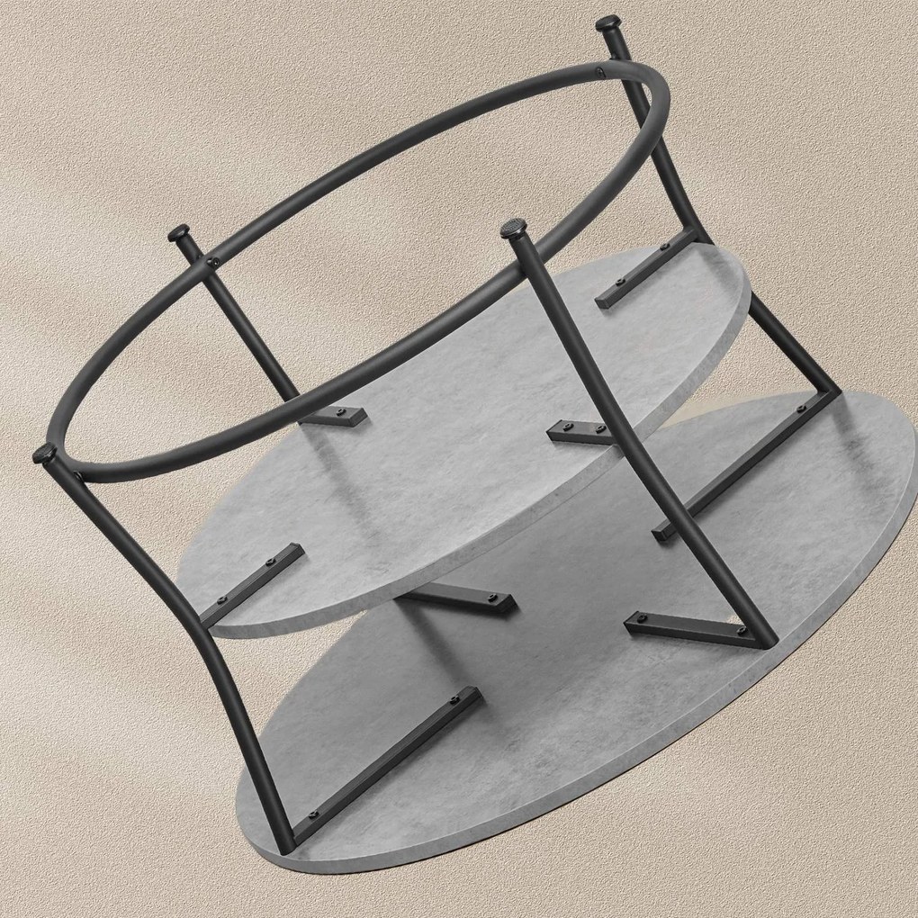 Mesa de centro redonda com prateleira, design industrial cinza concreto-preto