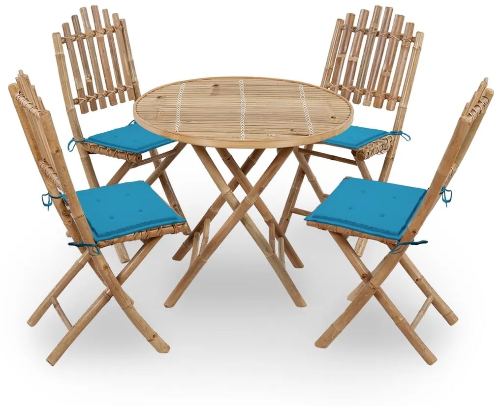 vidaXL 5 pcs conj. de jantar dobrável c/ almofadões p/ exterior bambu