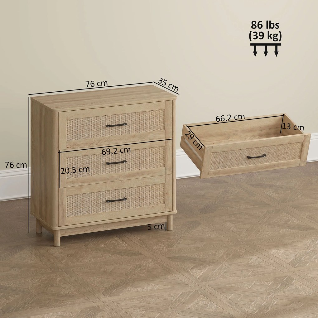 Cómoda de 3 Gavetas, 76 x 35 x 76 cm, Frentes em Rotim Natural, Carvalho